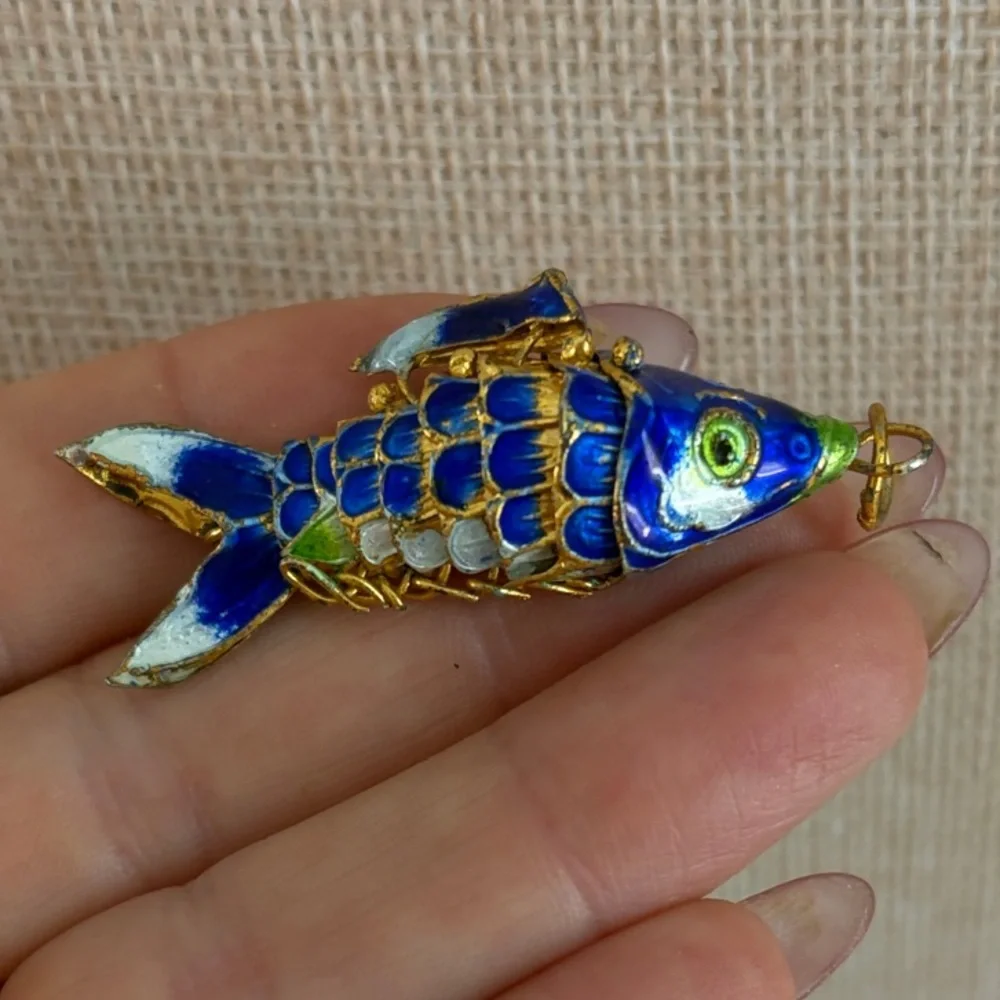 Vintage Cloisonné Blue and Gold Enamel Fish Pendant